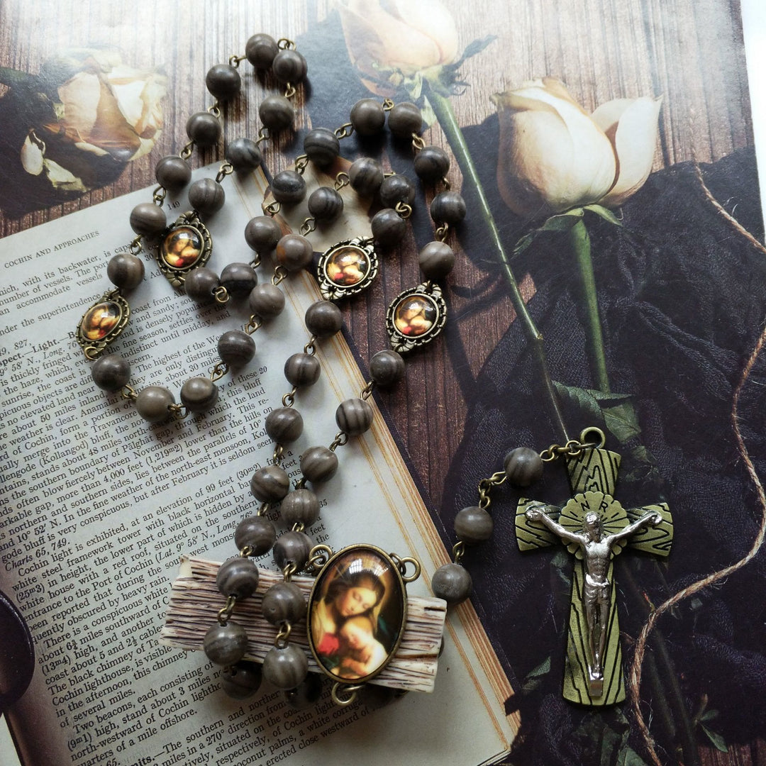 Olivenorma Black Wood Grain Rosary Holy Medal Cross Necklace - image 4