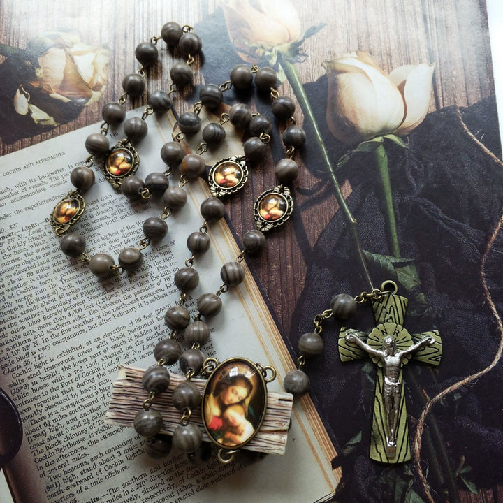 Olivenorma Black Wood Grain Rosary Holy Medal Cross Necklace - image 4