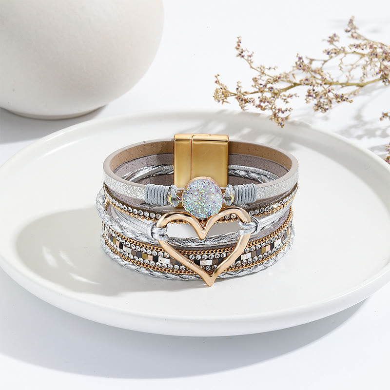 Olivenorma Multicolor Crystal Cluster Metallic Heart Braided Leather Bracelet - Golden Heart & Silver - image 16