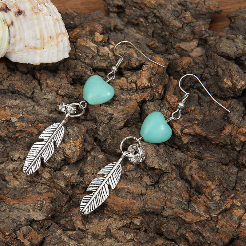 Vintage Heart Turquoise Feather Earrings - image 3