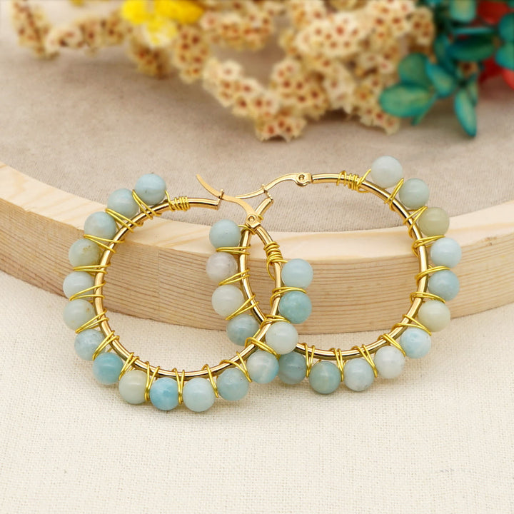 Olivenorma Boho Natural Crystal Beads Large Hoop Earrings - Amazonite - image 1