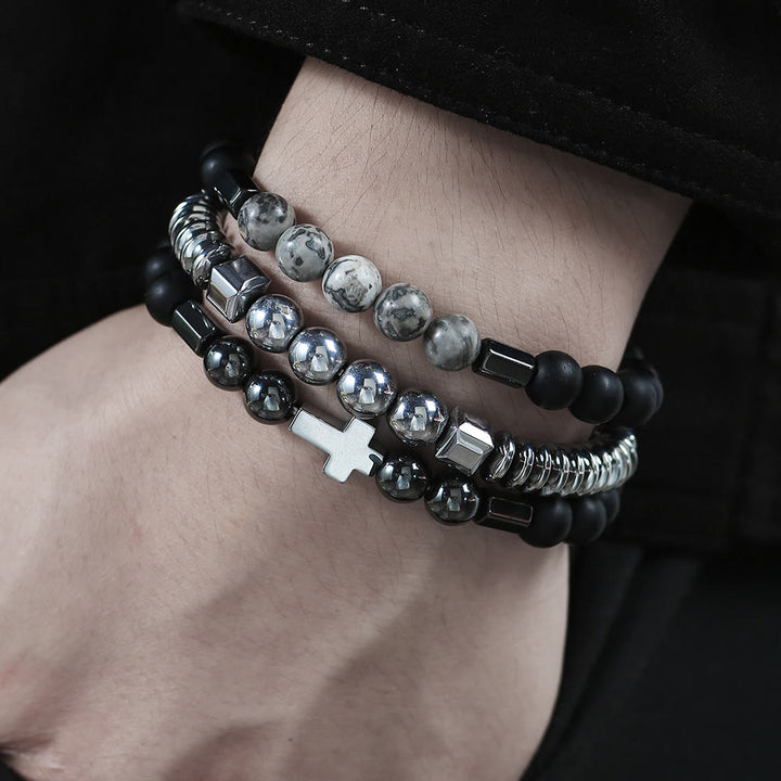 Olivenorma Mens Stacking Gemstone Set Bracelet - Hematite&Grey Jasper&Black Onyx - image 0