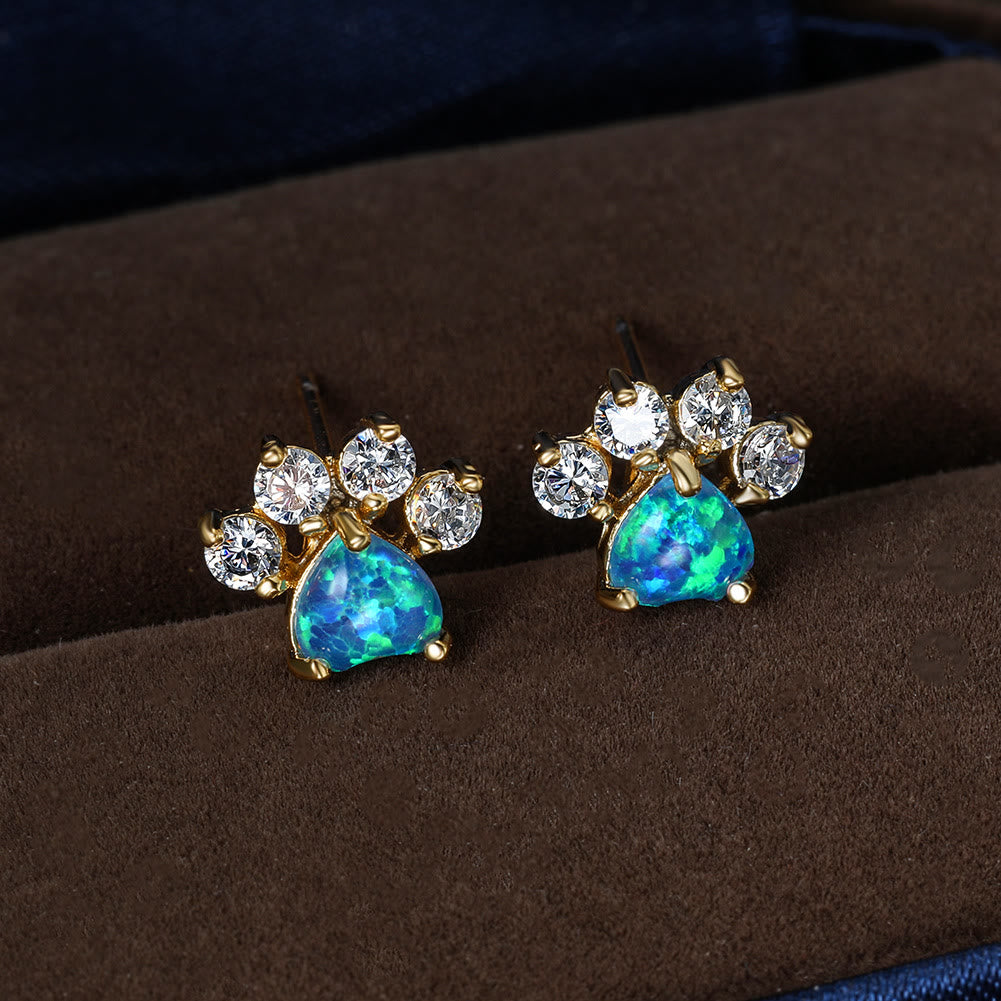 Olivenorma Kawaii Opal White Zircon Kitty Paw Earrings - Gold - Blue Opal&White Zircon - image 1