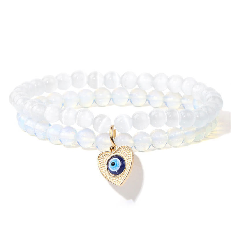 Olivenorma Cat's Eye Stone Evil Eye Pendant Double Layer Bracelet - White - image 8
