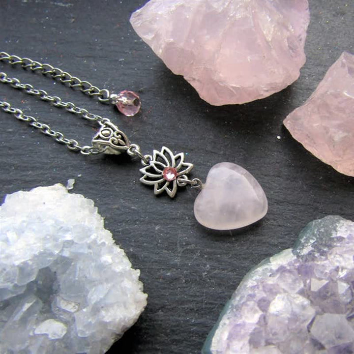 Olivenorma Bohemia Rose Quartz Heart Shape Lotus Necklace - image 4