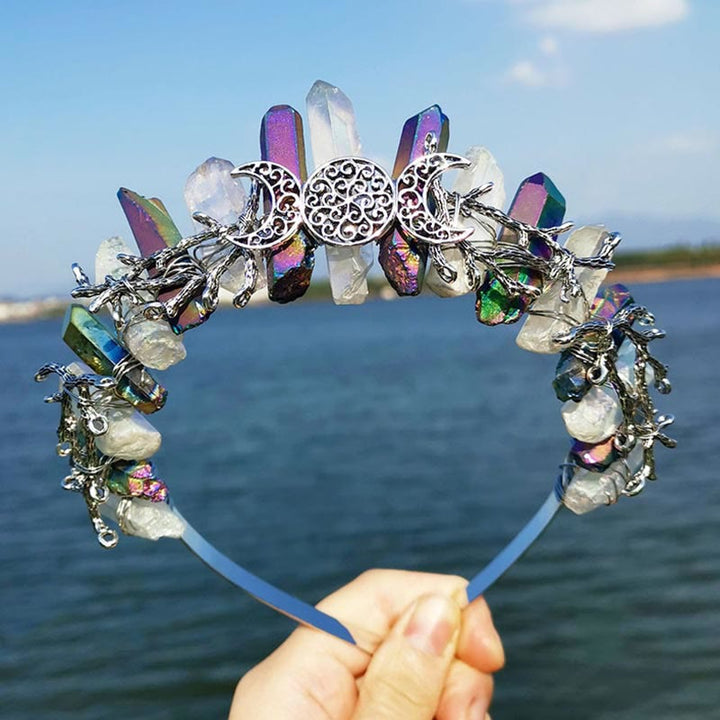 Olivenorma Natural Iridescent Two-Tone Crystal Stitching Crown Headband - Clear Quartz&Labradorite - image 0
