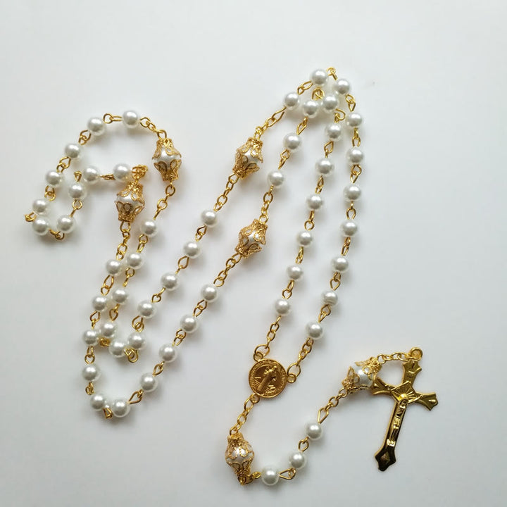 Olivenorma Faux Pearl Cross Pendant Rosary Beads Necklace - image 4