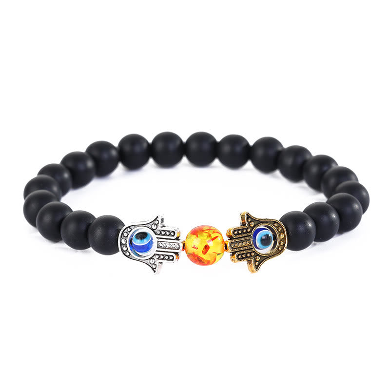 Olivenorma Natural Crystal Stone Beaded Evil Eye Hamsa Bracelet - Black Onyx&Amber - image 5