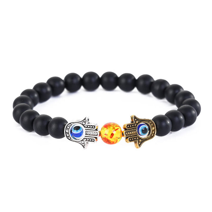 Olivenorma Natural Crystal Stone Beaded Evil Eye Hamsa Bracelet - Black Onyx&Amber - image 5