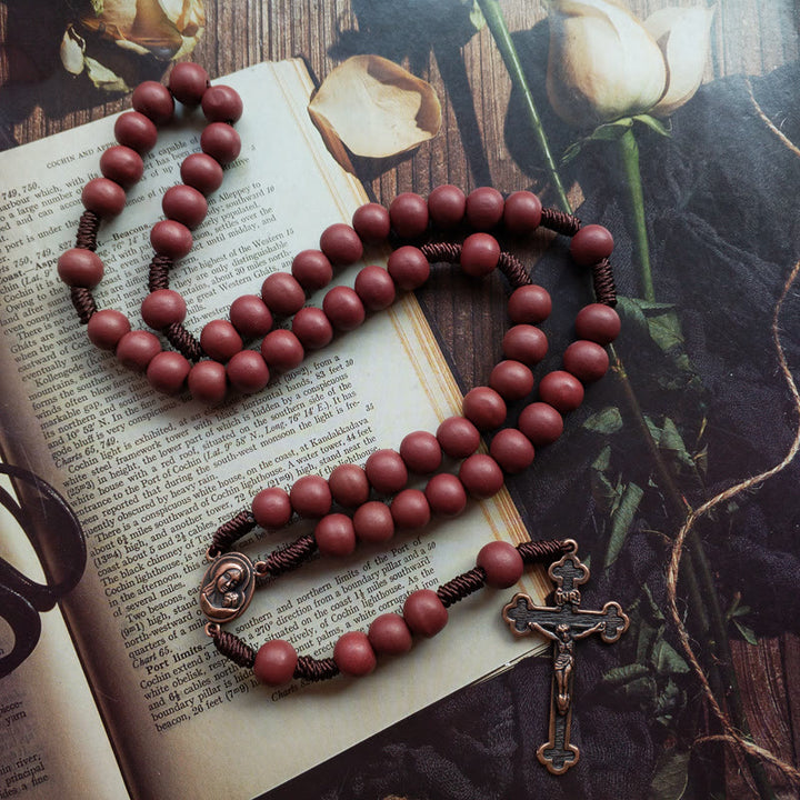 Olivenorma Red Brown 10mm Wooden Bead Cross Rosary Necklace - Wooden Bead&Cross - image 0