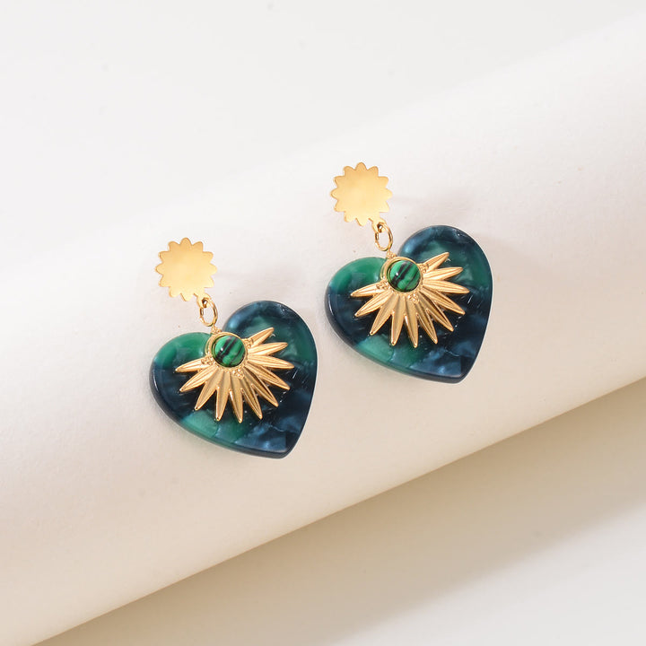 Olivenorma Moss Agate Gold Stainless Steel Heart Shaped Earrings - image 3