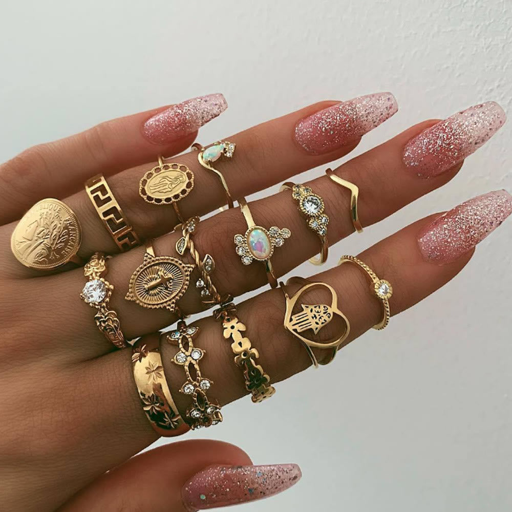 Olivenorma Opal Vintage Cross 15 Piece Alloy Ring Set - image 1