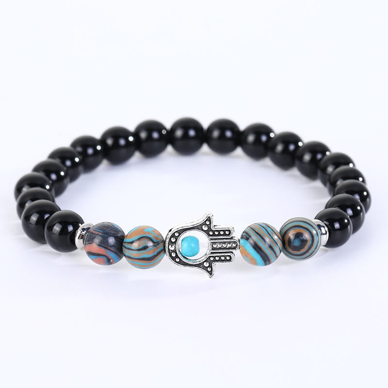 Olivenorma Natural Crystal Stone Beaded Evil Eye Hamsa Bracelet - Obsidian - image 3