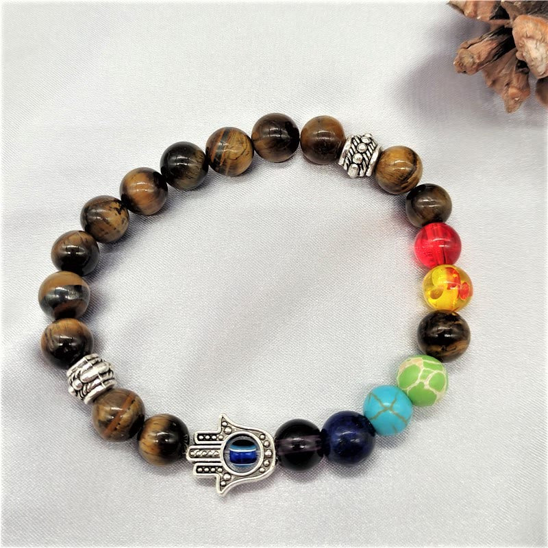 Olivenorma Colorful Chakra Evil Eye Hamsa Beaded Bracelet - Tiger Eye - image 1
