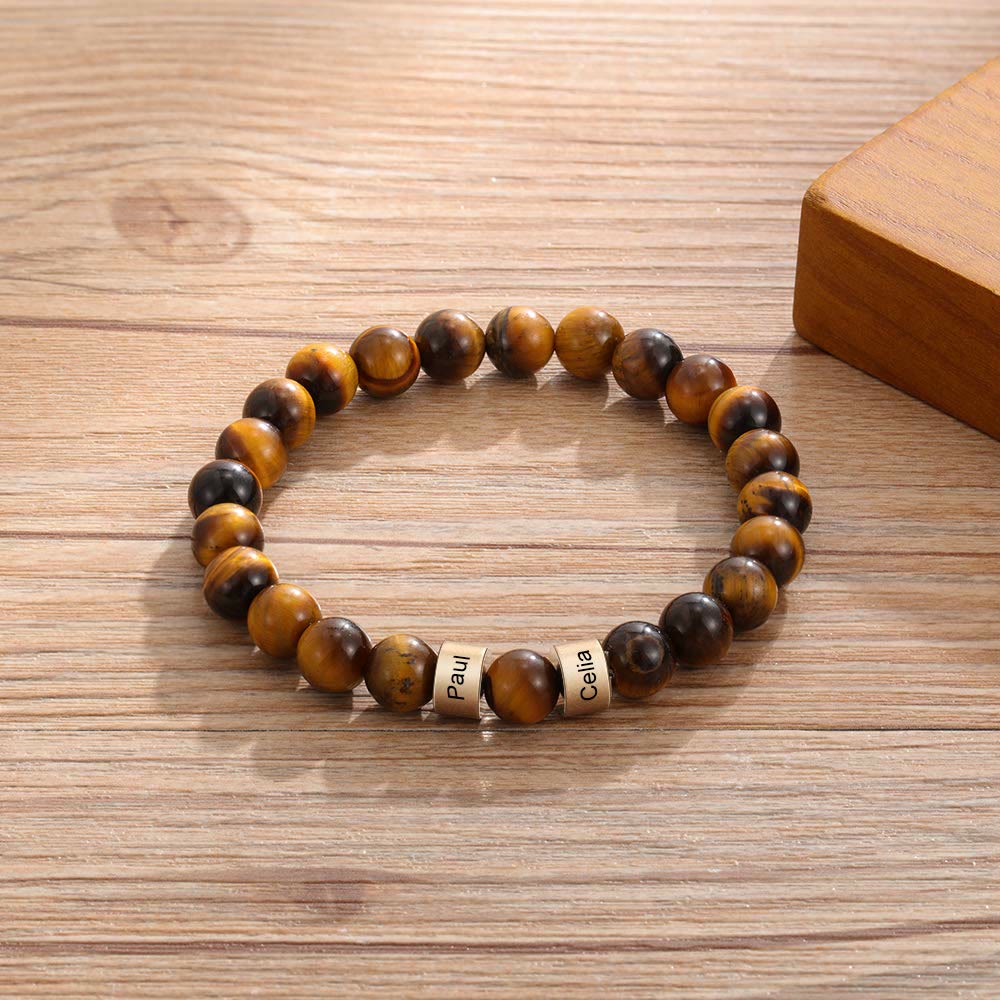 Olivenorma Natural Stone Engraving Personalized Beads Men Bracelet - Tiger Eye - Rose Gold - 5th Engraving - image 38
