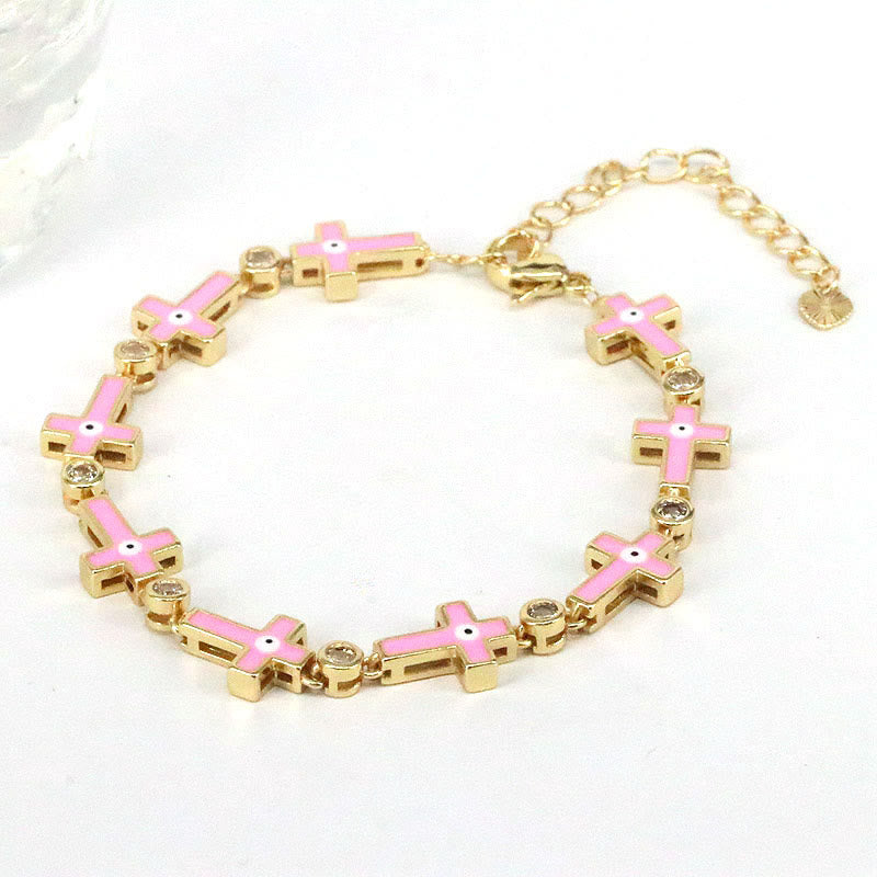Olivenorma Color Dripping Evil Eye Alloy Cross Beads Bracelet - Pink Cross - image 8