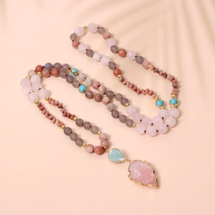 Natural Rose Quartz Mala Prayer Arrowhead Pendant Necklace - image 1