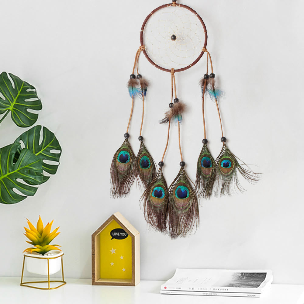 Olivenorma Hand Woven Natural Wooden Beads Feather Dream Catcher - Black Onyx & Blue Feather - image 11