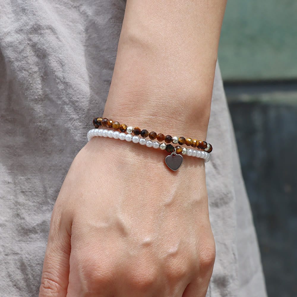 Olivenorma Faceted Stone Pearl Heart Charm Double Layer Bracelet - image 3