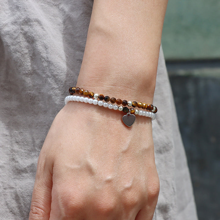 Olivenorma Faceted Stone Pearl Heart Charm Double Layer Bracelet - image 3