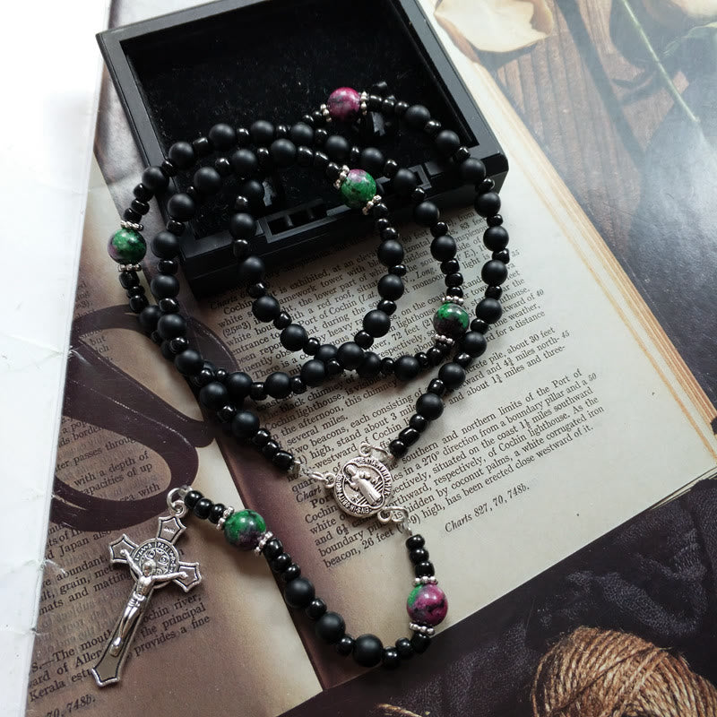 Olivenorma Black Onyx Ruby Zoisite Cross Rosary Necklace - image 1