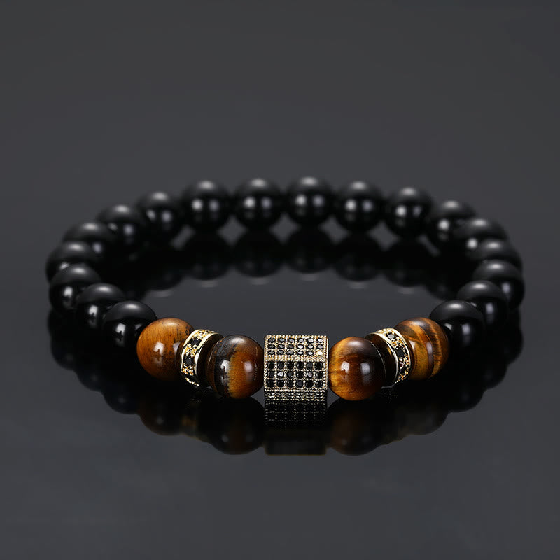 Olivenorma Men's Frosted Black Bead Tiger Eye Bracelet - Glossy Surface - Gold - image 6