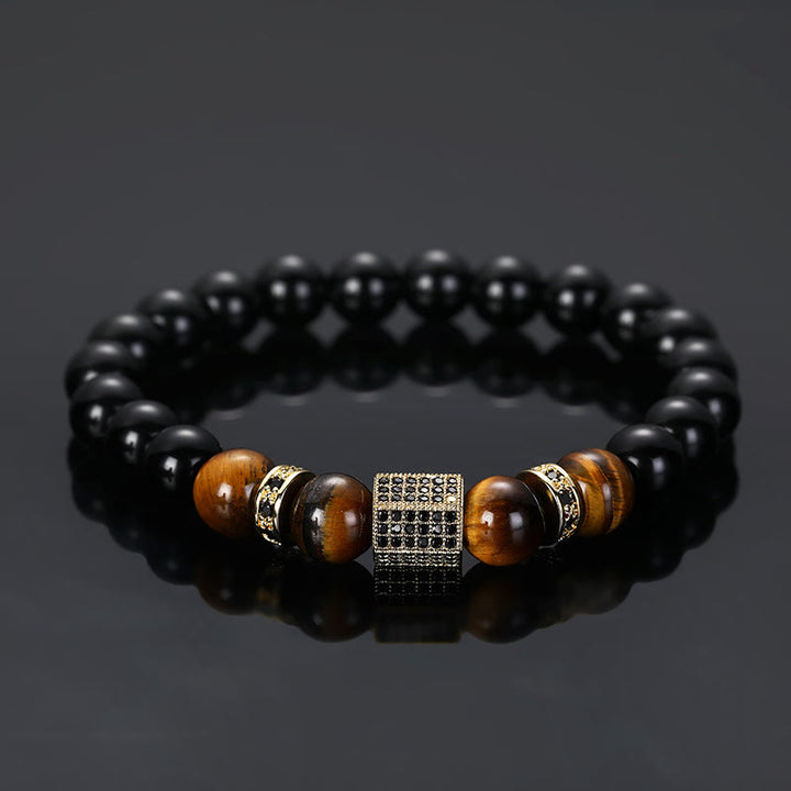 Olivenorma Men's Frosted Black Bead Tiger Eye Bracelet - Glossy Surface - Gold - image 6