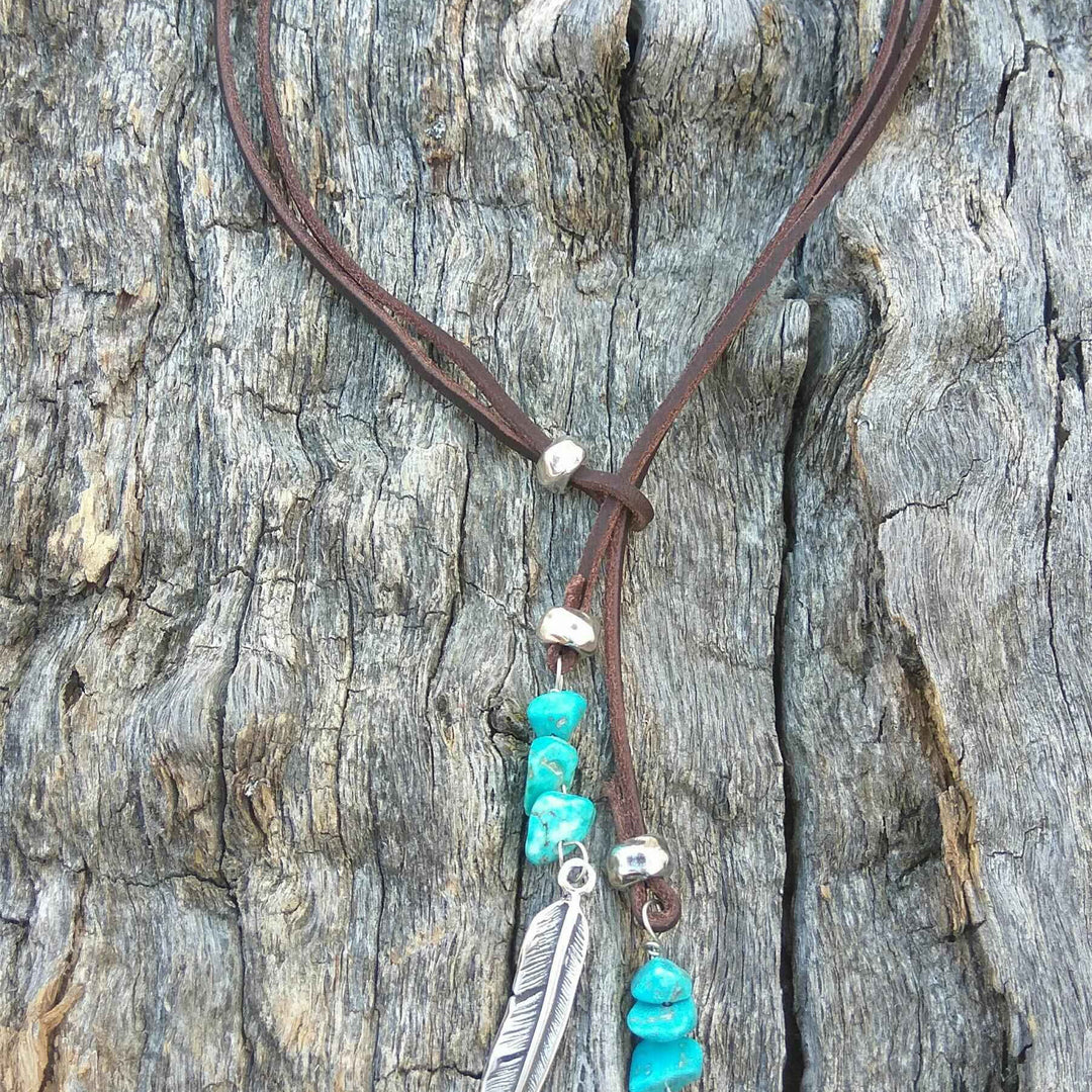 Olivenorma Turquoise Leather Cord Alloy Feather Pendant Necklace - image 2