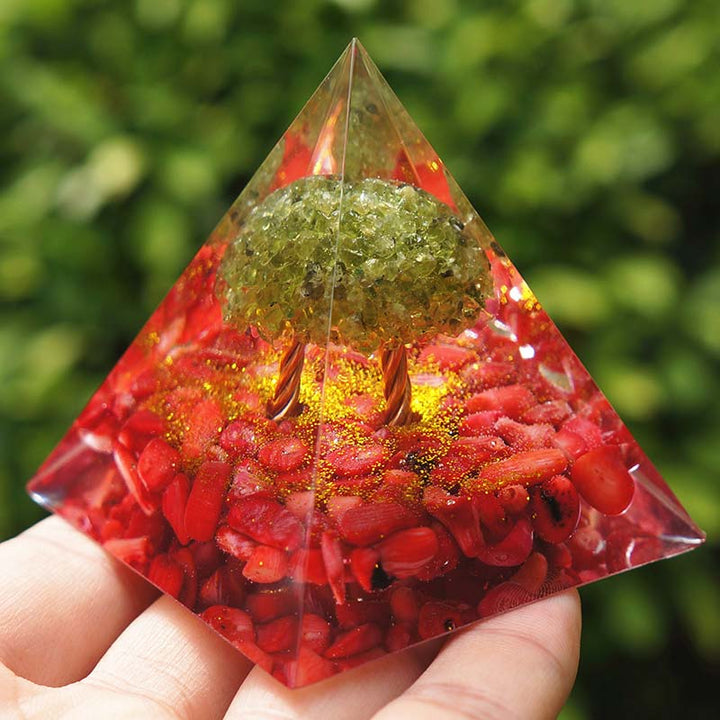 Olivenorma Peridot With Red Coral Tree Of Life Orgone Pyramid - image 3