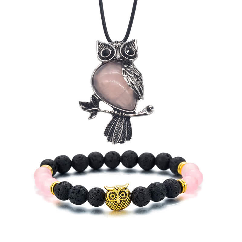 SPIRITUAL ENERGY - Owl Gemstone Necklace with Bracelet Gift Set - Rose Quartz - Leather Chain - image 40