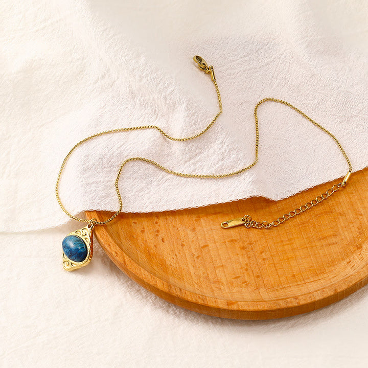 Olivenorma Natural Stone Palace Retro Lace Inlaid Pendant Necklace - Blue Apatite - image 4