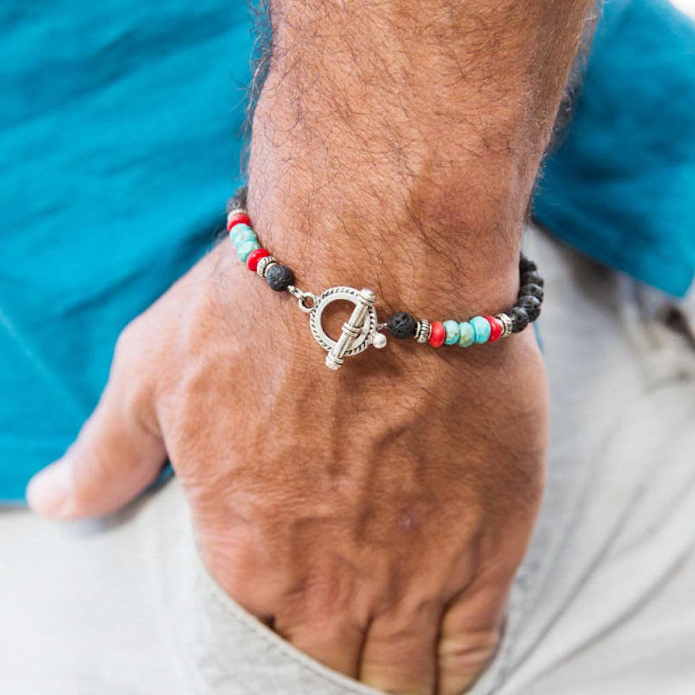 Olivenorma Men's Colorful Stone Beaded Braided Bracelet - Lava Stone&Red Coral&Turquoise - image 0