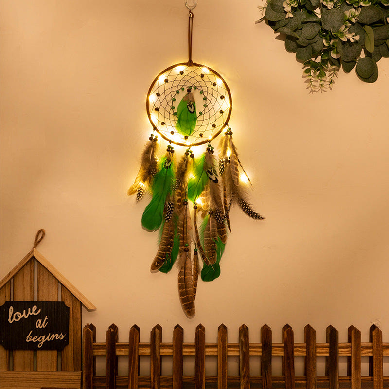 Olivenorma Natural Green Wooden Beads Peacock Feather Dream Catcher - Sun - With Lights - image 2
