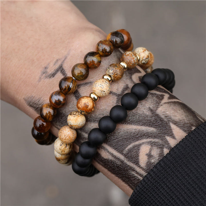 Olivenorma 3Pcs Picture Jasper Tiger Eye Black Onyx Beaded Bracelets - image 1