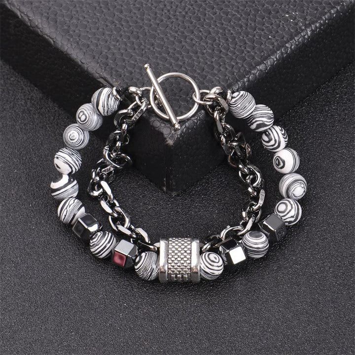 Olivenorma 8mm Malachite Stone Titanium Chain Bracelet - Black And White - image 3