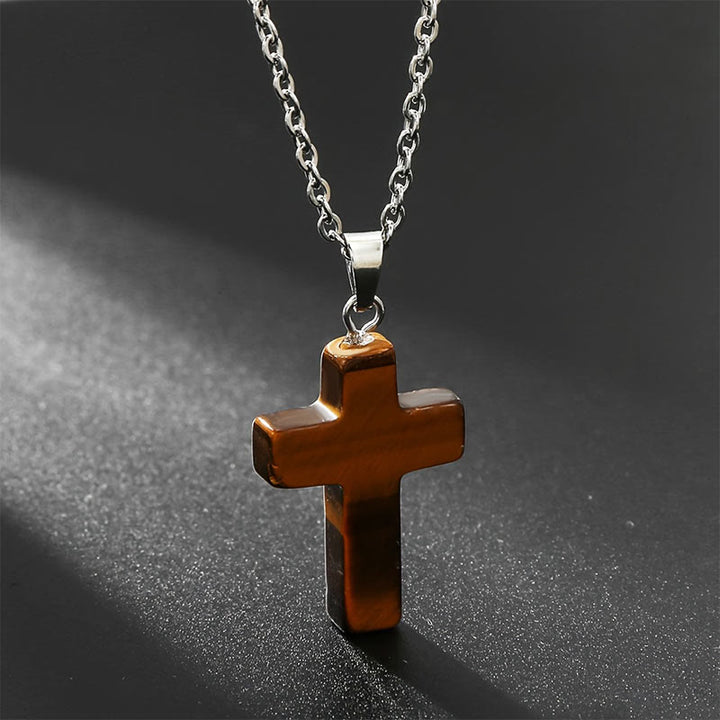 Olivenorma Natural Stone Cross Gemstone Necklace - Tiger Eye - image 3