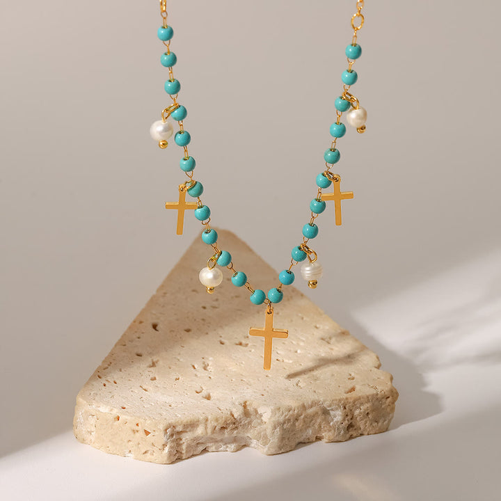 Olivenorma Turquoise Pearl Cross Pendant Tassel Necklace - Turquoise&Pearl - image 0