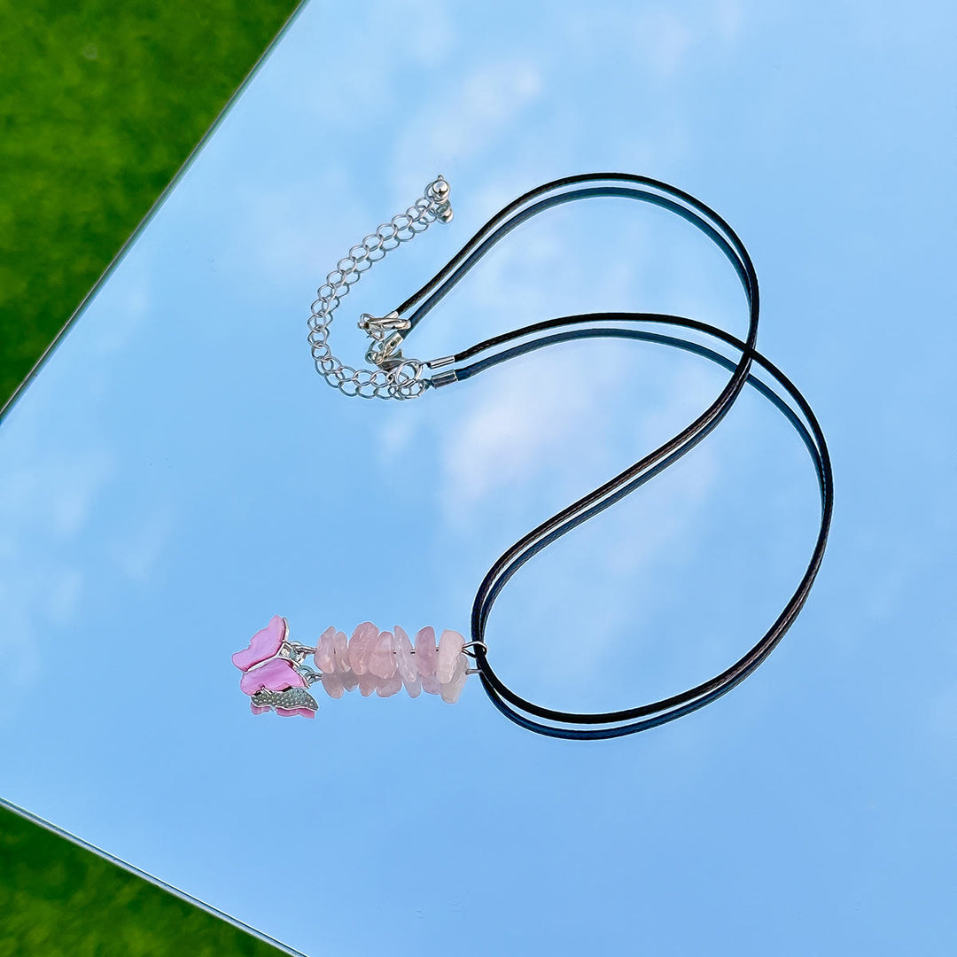 Olivenorma Natural Stone Butterfly Tassel Leather Wax Thread Necklace - image 4