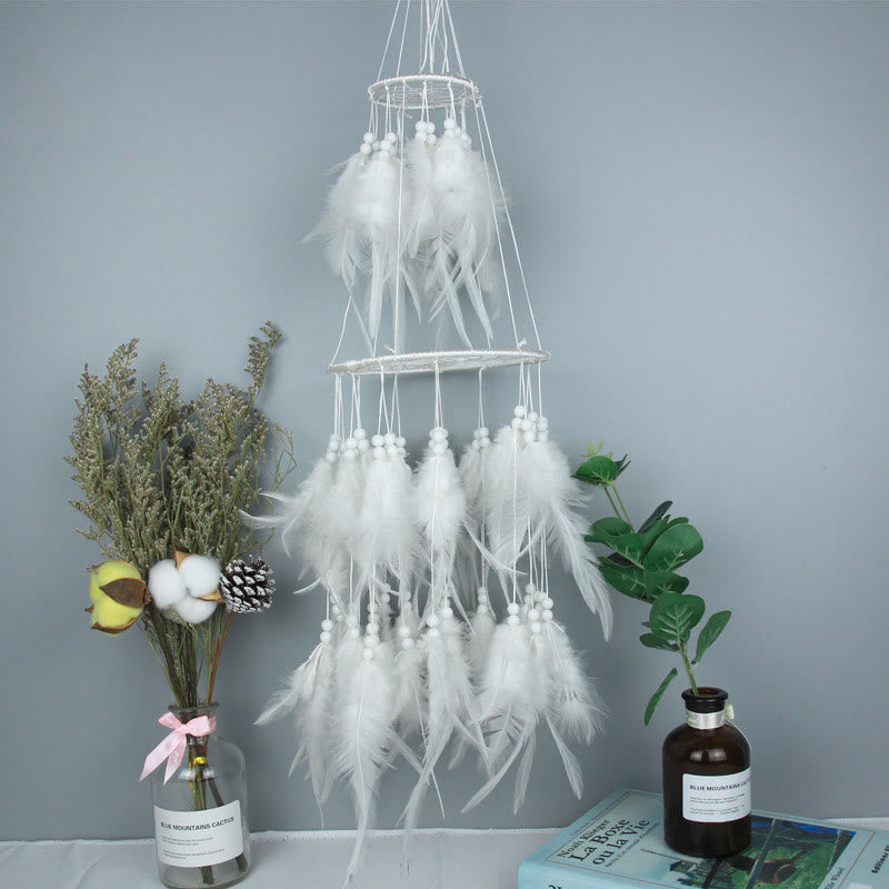 Olivenorma Double Circle Feather LED Light Dream Catcher - White Feathers Without Light - image 3