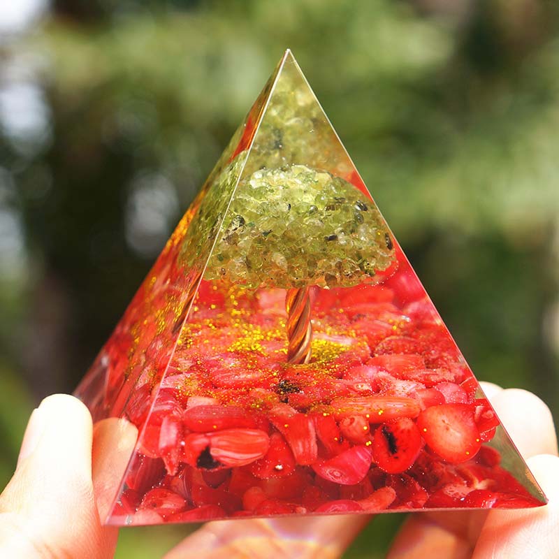 Olivenorma Peridot With Red Coral Tree Of Life Orgone Pyramid - image 5