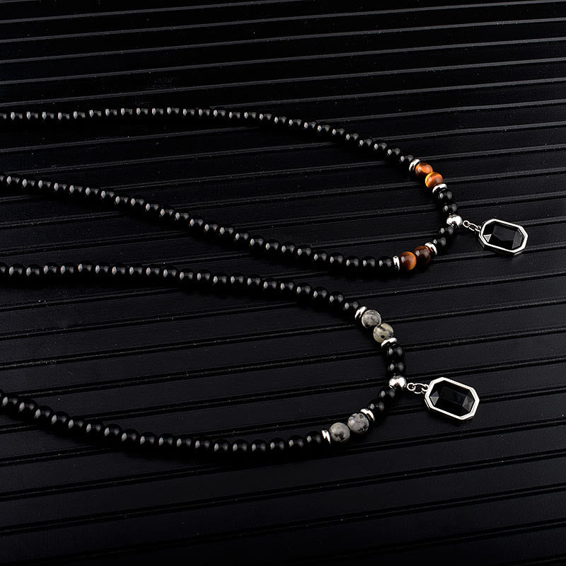 Olivenorma Tiger Eye Obsidian Beaded Men Titanium Steel Necklace - image 12