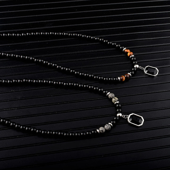 Olivenorma Tiger Eye Obsidian Beaded Men Titanium Steel Necklace - image 12