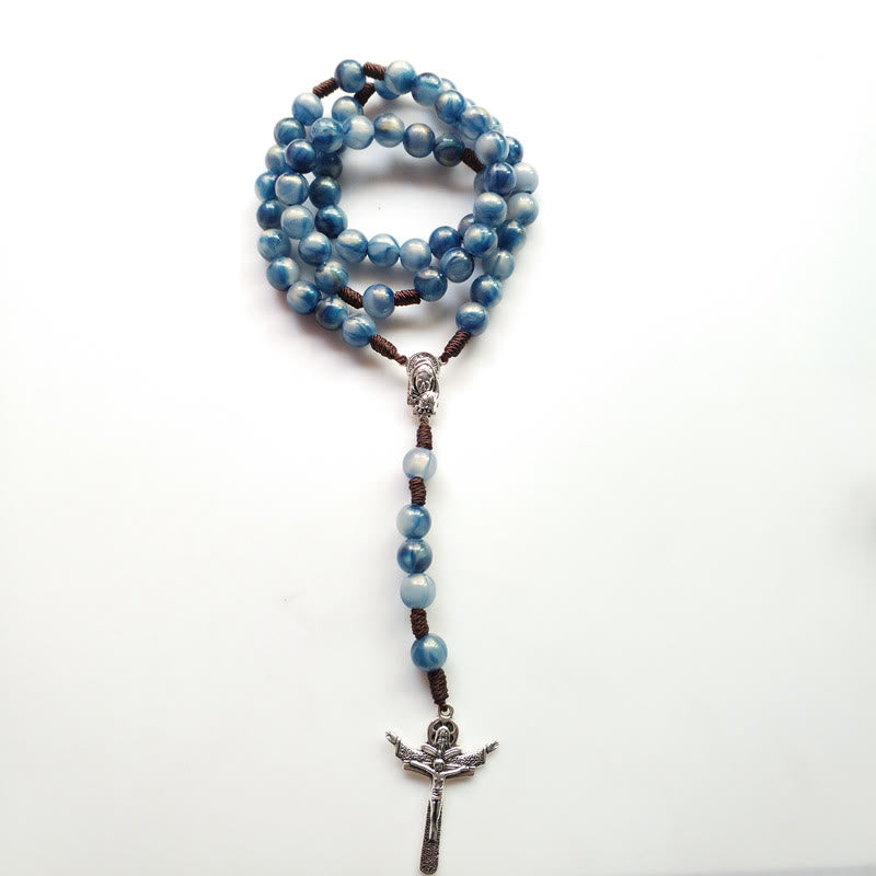 Olivenorma Blue Cat's Eye Stone Jesus Cross Rosary Necklace - image 3