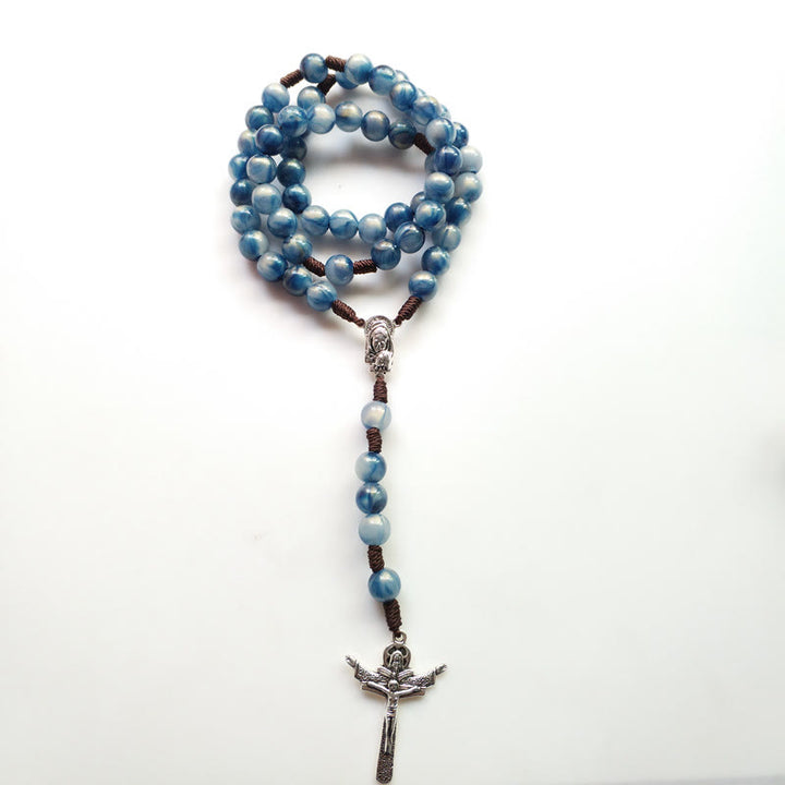 Olivenorma Blue Cat's Eye Stone Jesus Cross Rosary Necklace - image 3