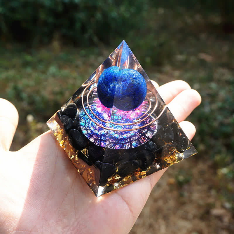 Olivenorma Lapis Lazuli Sphere with Obsidian Orgone Pyramid - image 3