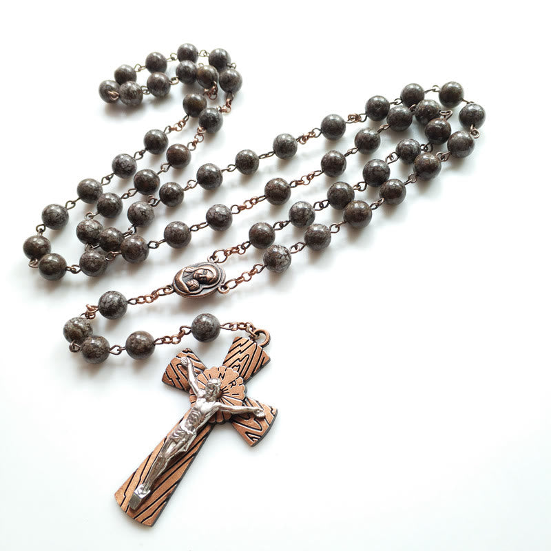Olivenorma Snowflake Obsidian Jesus Cross Rosary Necklace - image 4