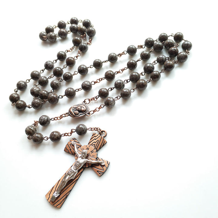 Olivenorma Snowflake Obsidian Jesus Cross Rosary Necklace - image 4