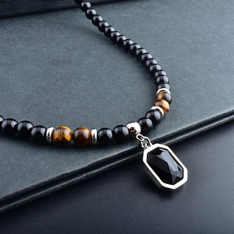 Olivenorma Tiger Eye Obsidian Beaded Men Titanium Steel Necklace - image 4