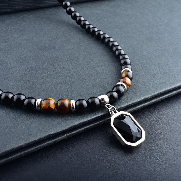 Olivenorma Tiger Eye Obsidian Beaded Men Titanium Steel Necklace - image 4