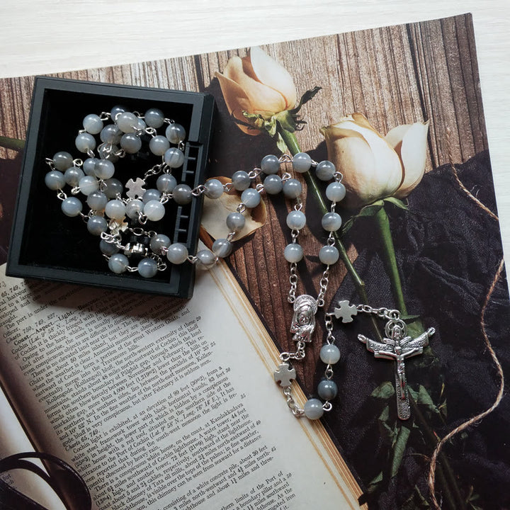 Olivenorma Gray Moonstone Jesus Cross Rosary Necklace - image 1